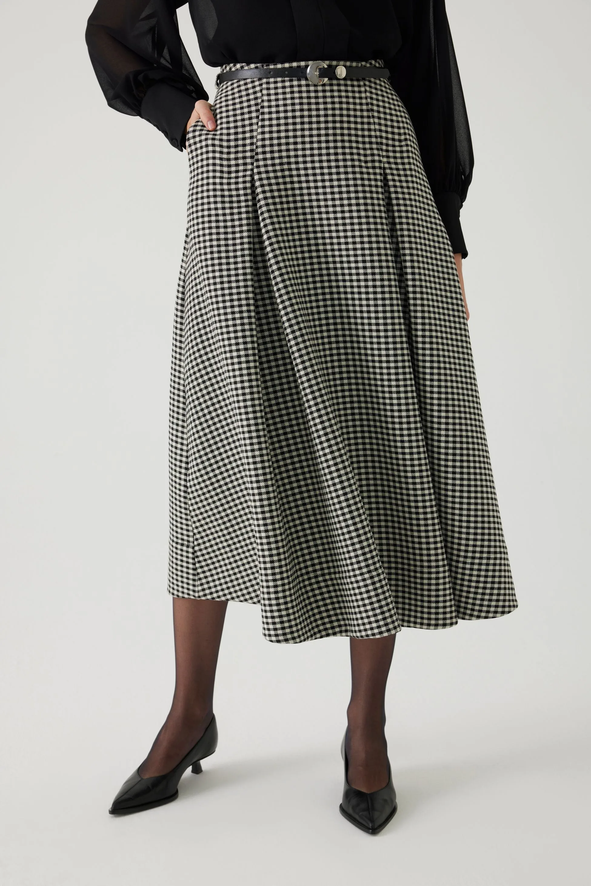 Aline Gingham Patterned Midi Skirt with Belt