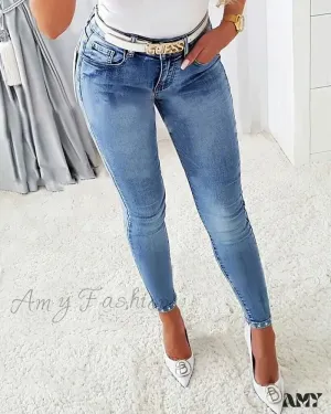 Amy Fashion - 2024 New for Woman Butterfly Pattern Rhinestone Beaded Split Hem Skinny All-Match Pencil Denim Jean