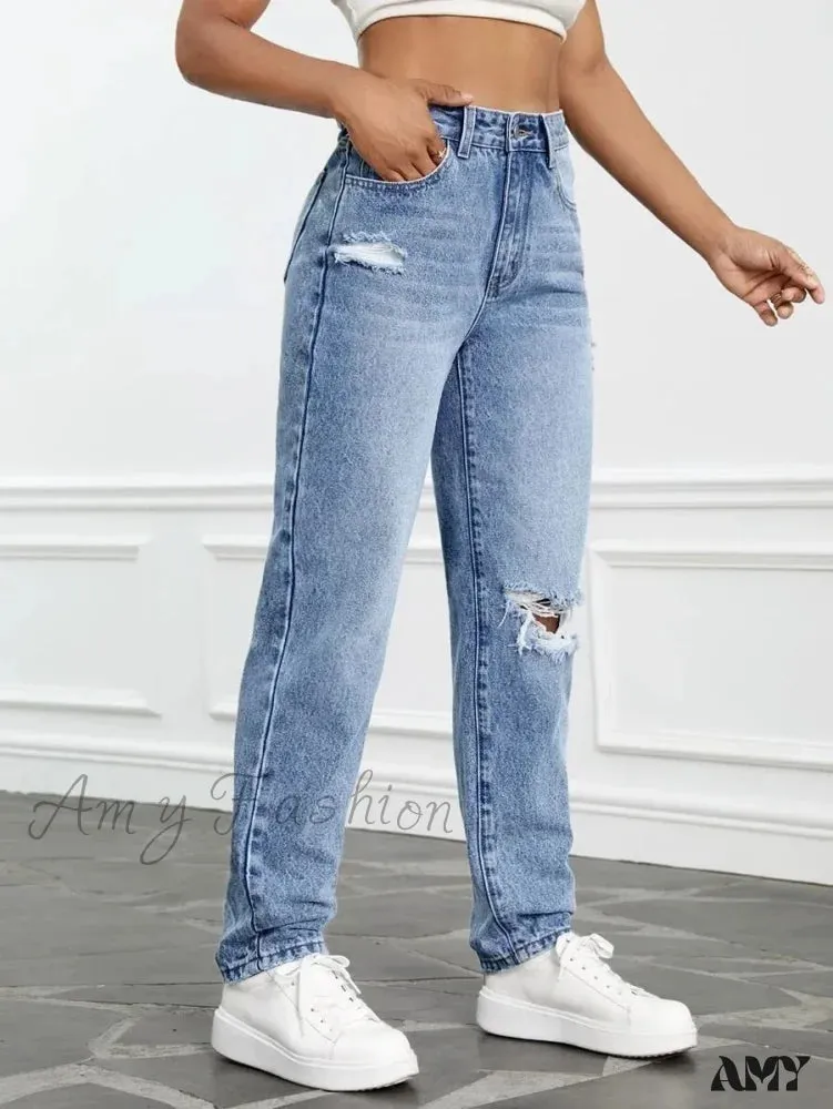 Amy Fashion - 2024 Women Casual Fashion High Streetwear Ripped Holes Denim Pants Female Vintage Trousers Jean