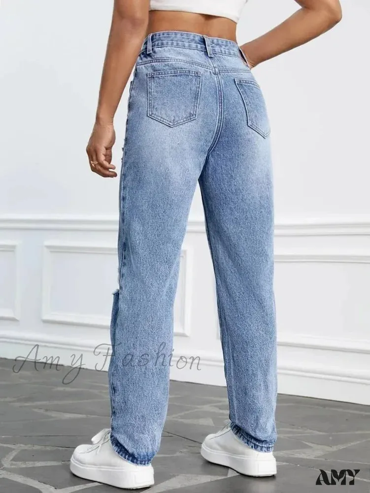 Amy Fashion - 2024 Women Casual Fashion High Streetwear Ripped Holes Denim Pants Female Vintage Trousers Jean