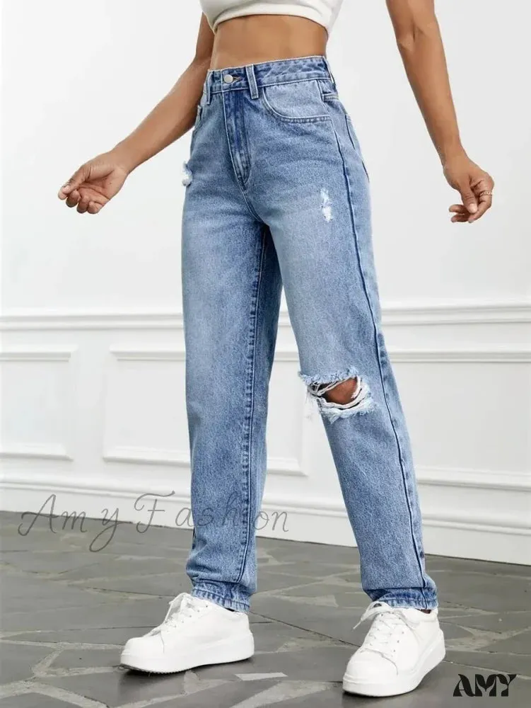 Amy Fashion - 2024 Women Casual Fashion High Streetwear Ripped Holes Denim Pants Female Vintage Trousers Jean