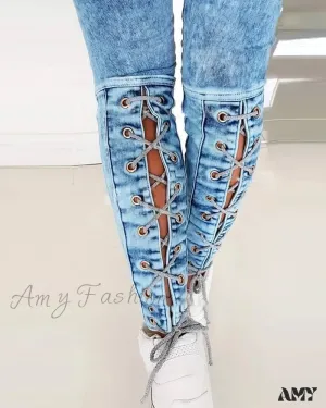 Amy Fashion - Slim-Fit Lace Up for Women Spring Autumn Fashion Streetwear Trousers Mid Waist Denim Pencil Pants Jean
