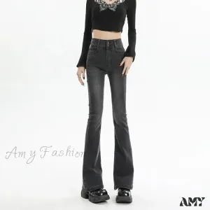Amy Fashion - Winter Women's Plus Velvet Warm Black Flare Vintage High Waist Harajuku Streetwear Wide Leg Straight Denim Trousers Y2K Pa Jean
