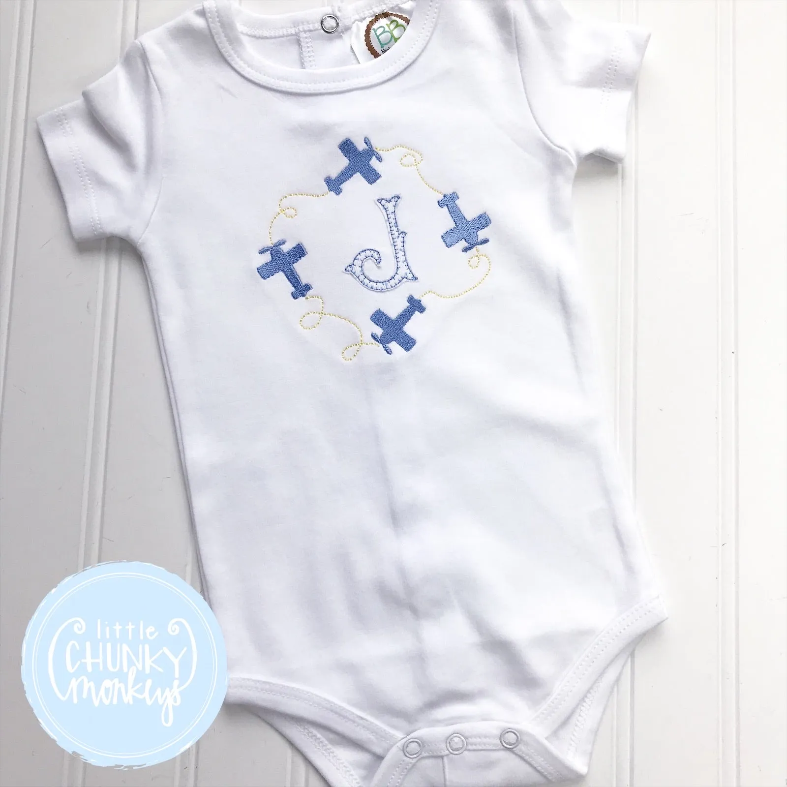 Baby Boy Bodysuit- Embroidered Airplanes on White