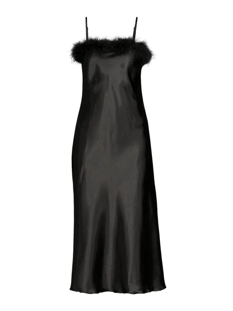 Bebe Feathered Satin Midi Slip Dress, Black