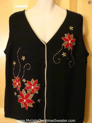 Black Cheap Christmas Sweater Vest with Plaid Poinsettias