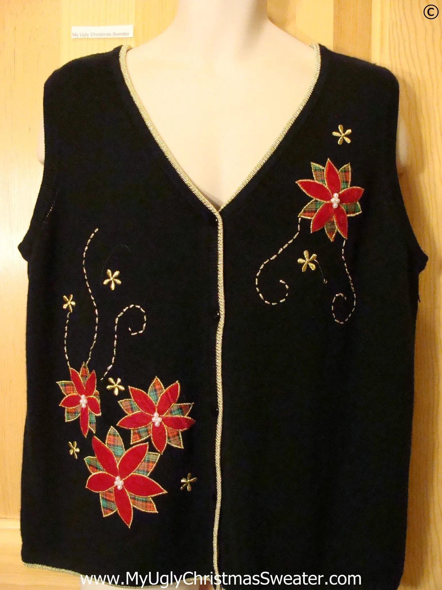 Black Cheap Christmas Sweater Vest with Plaid Poinsettias