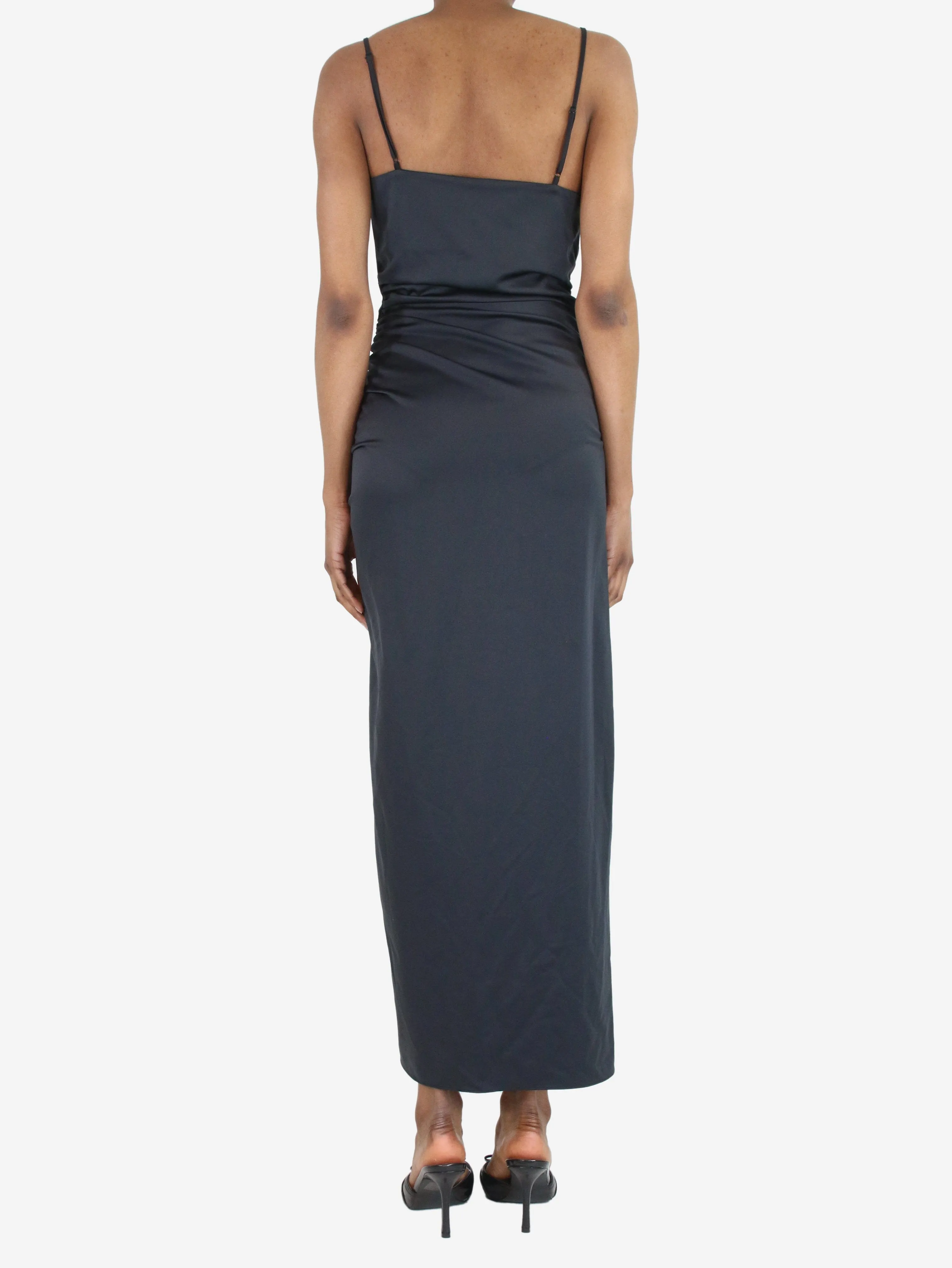 Black ruched midi slip dress - size UK 8