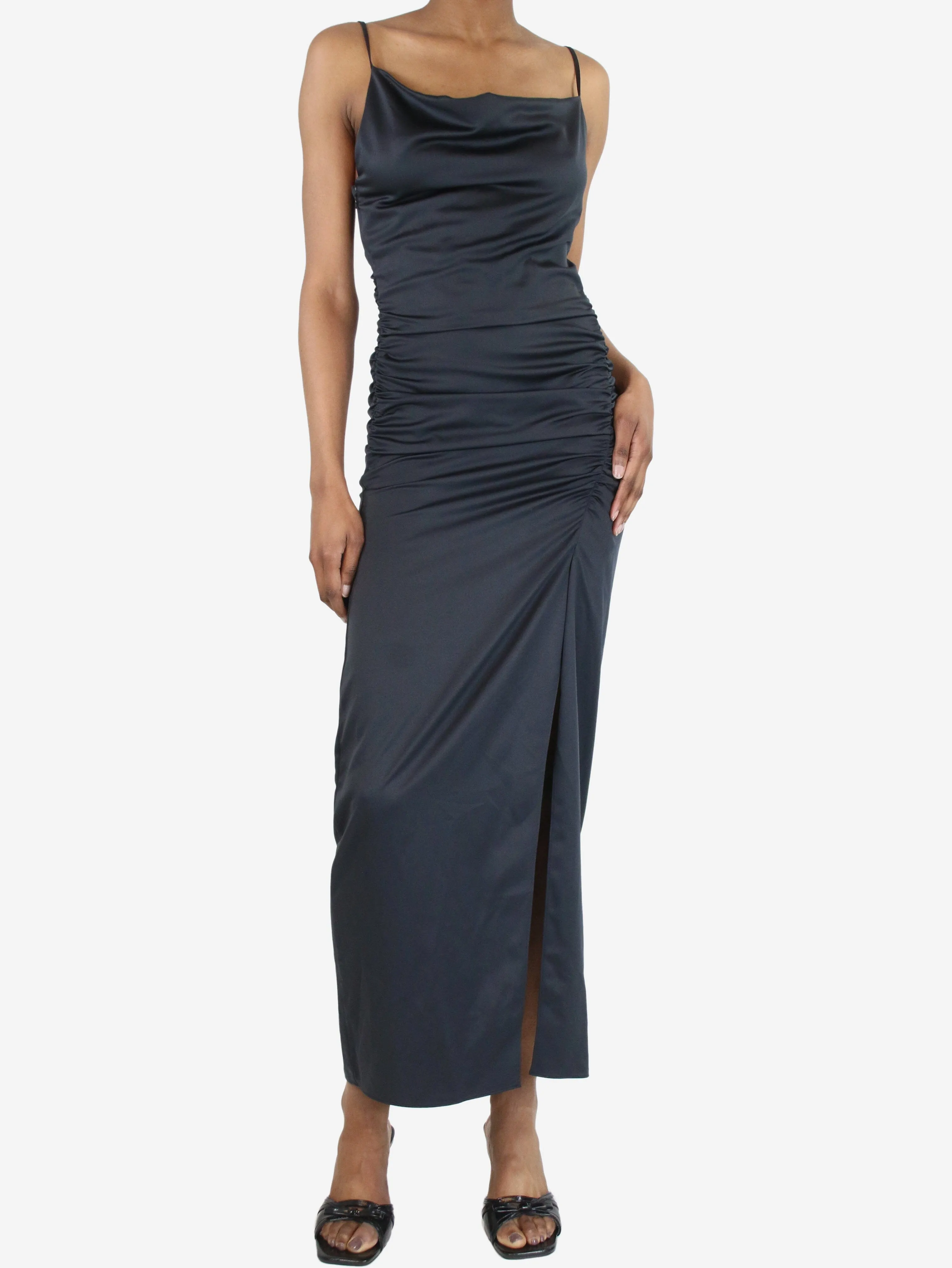 Black ruched midi slip dress - size UK 8