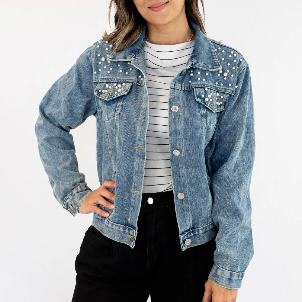(Blue Pearl) Rhinestone Bride Patch Denim Jacket