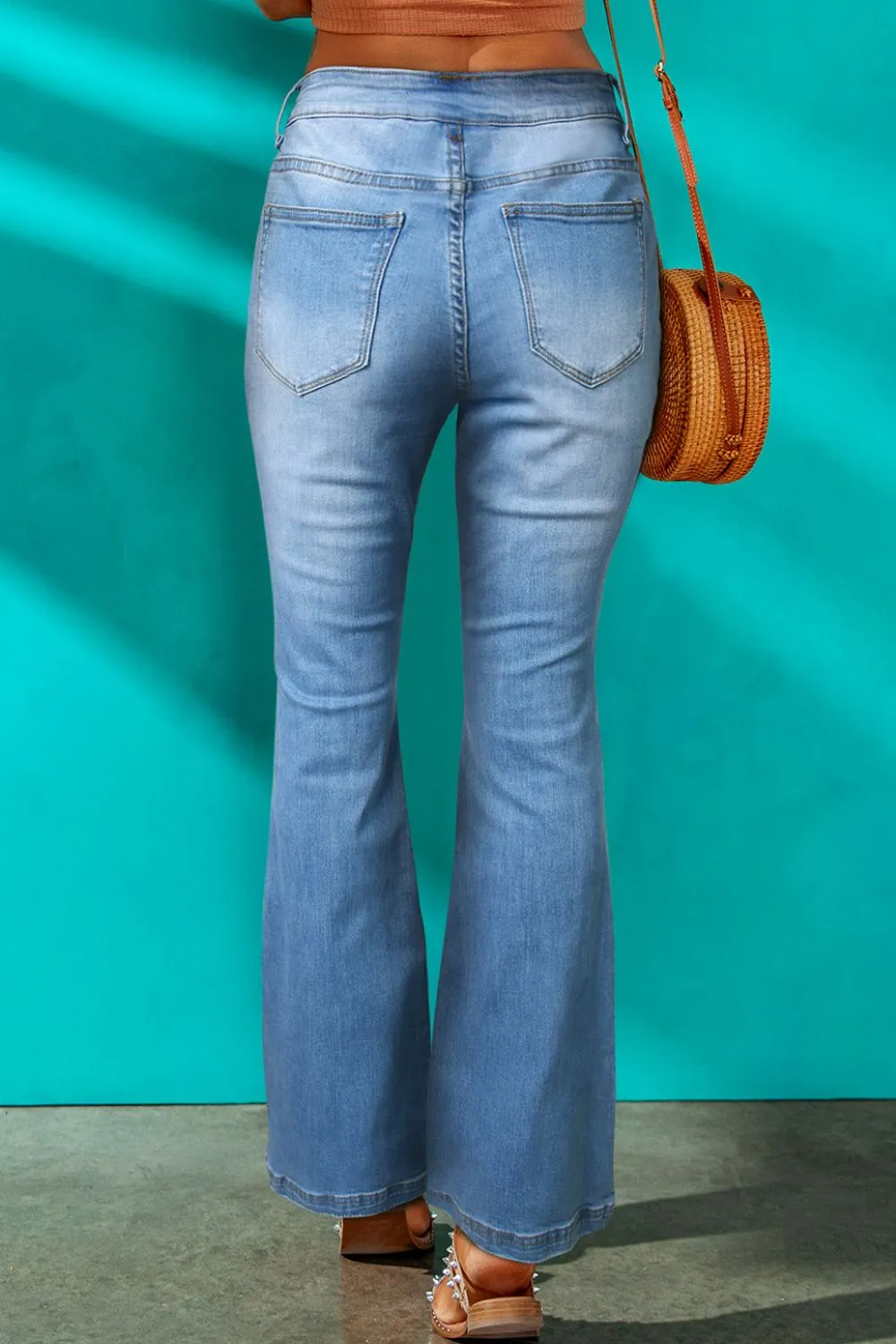 Button Fly Distressed Flared Jeans