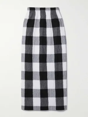 Checked shirred organic cotton midi skirt