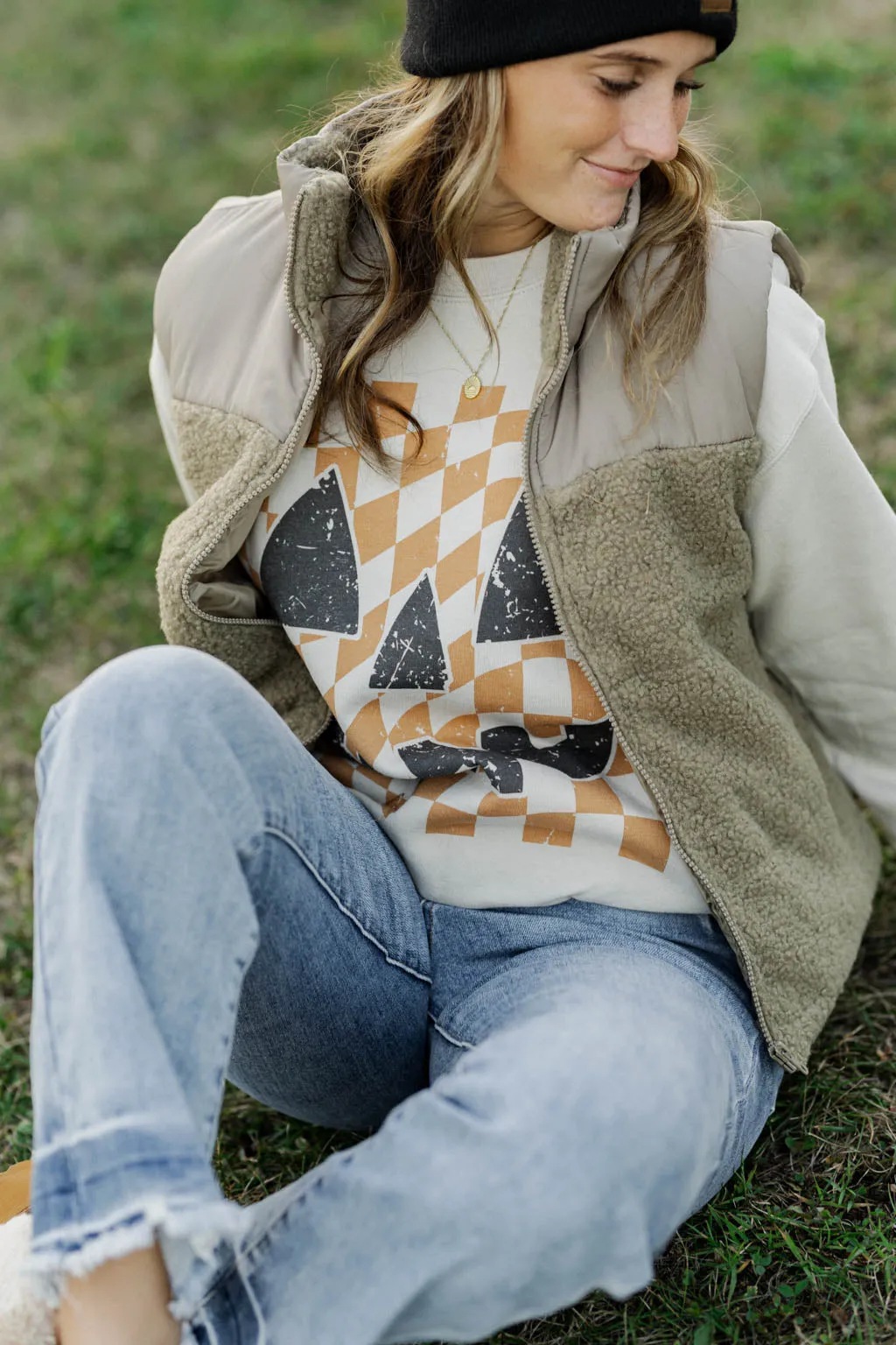 Checker Pumpkin Face Graphic Sweatshirt