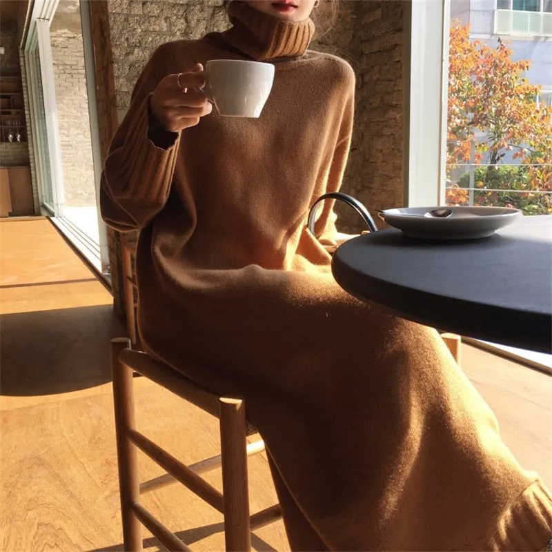 Christmas Gift Joskaa Thicken Oversized Autumn Winter Dress Turtleneck Women Sweater Dress Long Female Jumper Dress Knitted Vestidos 2019