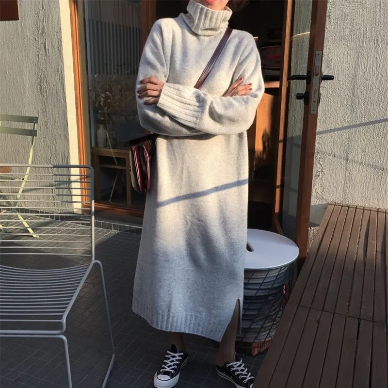 Christmas Gift Joskaa Thicken Oversized Autumn Winter Dress Turtleneck Women Sweater Dress Long Female Jumper Dress Knitted Vestidos 2019