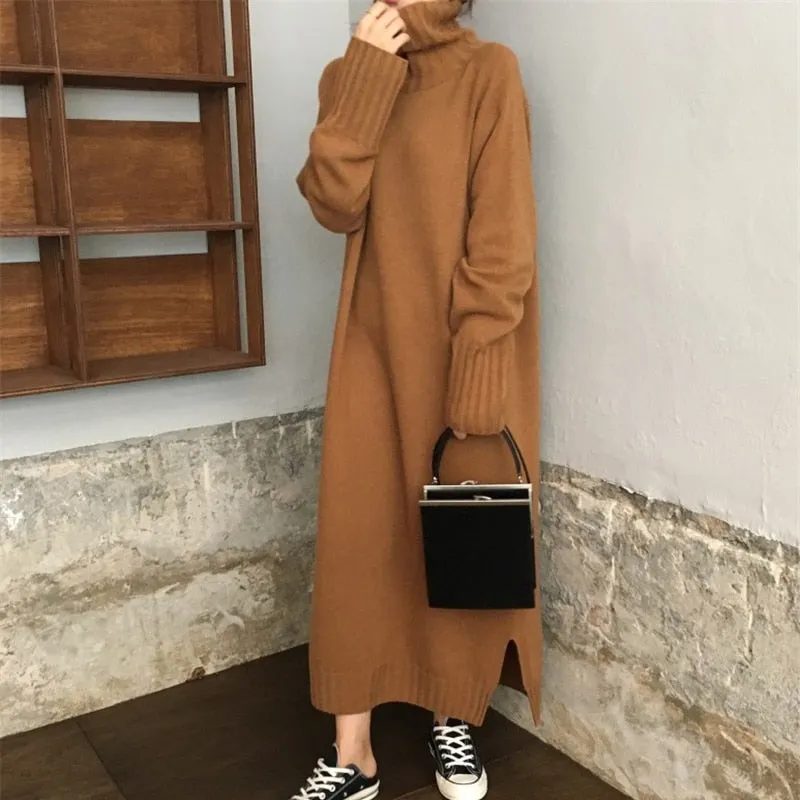 Christmas Gift Joskaa Thicken Oversized Autumn Winter Dress Turtleneck Women Sweater Dress Long Female Jumper Dress Knitted Vestidos 2019