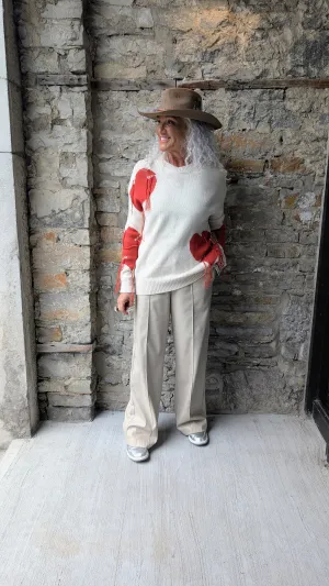 Cream Knit Relaxed Fit Sweater with Hearts