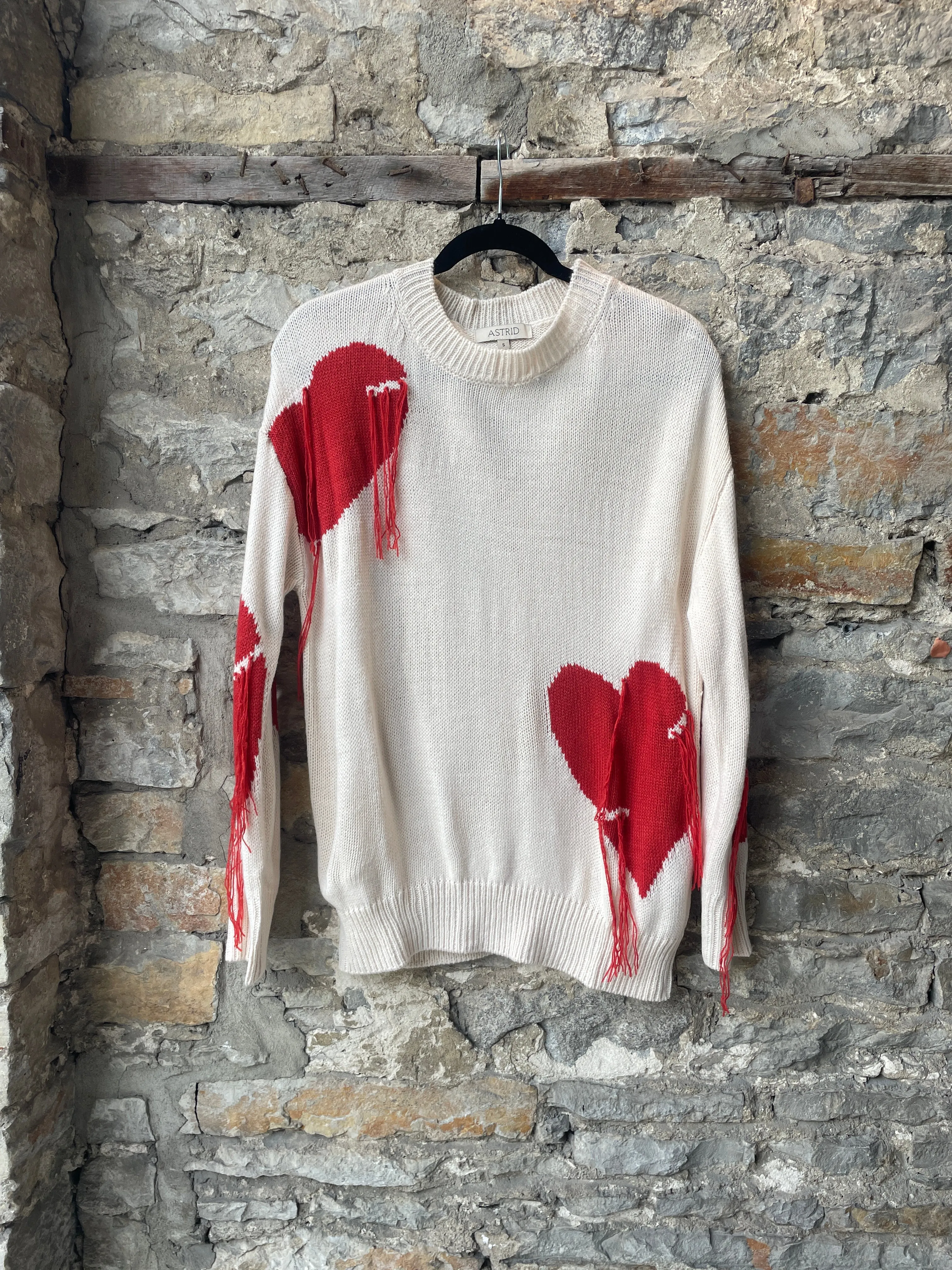 Cream Knit Relaxed Fit Sweater with Hearts