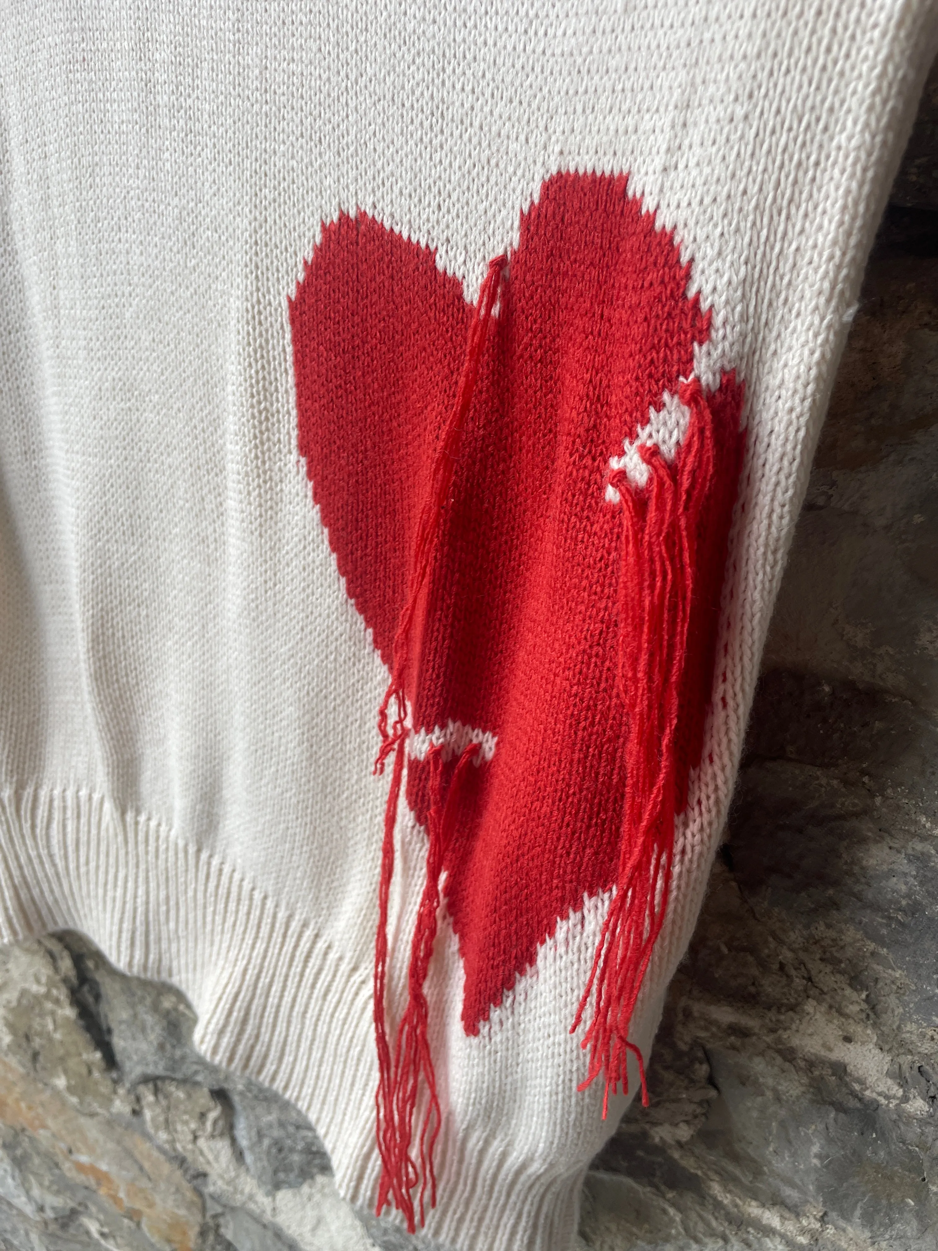 Cream Knit Relaxed Fit Sweater with Hearts