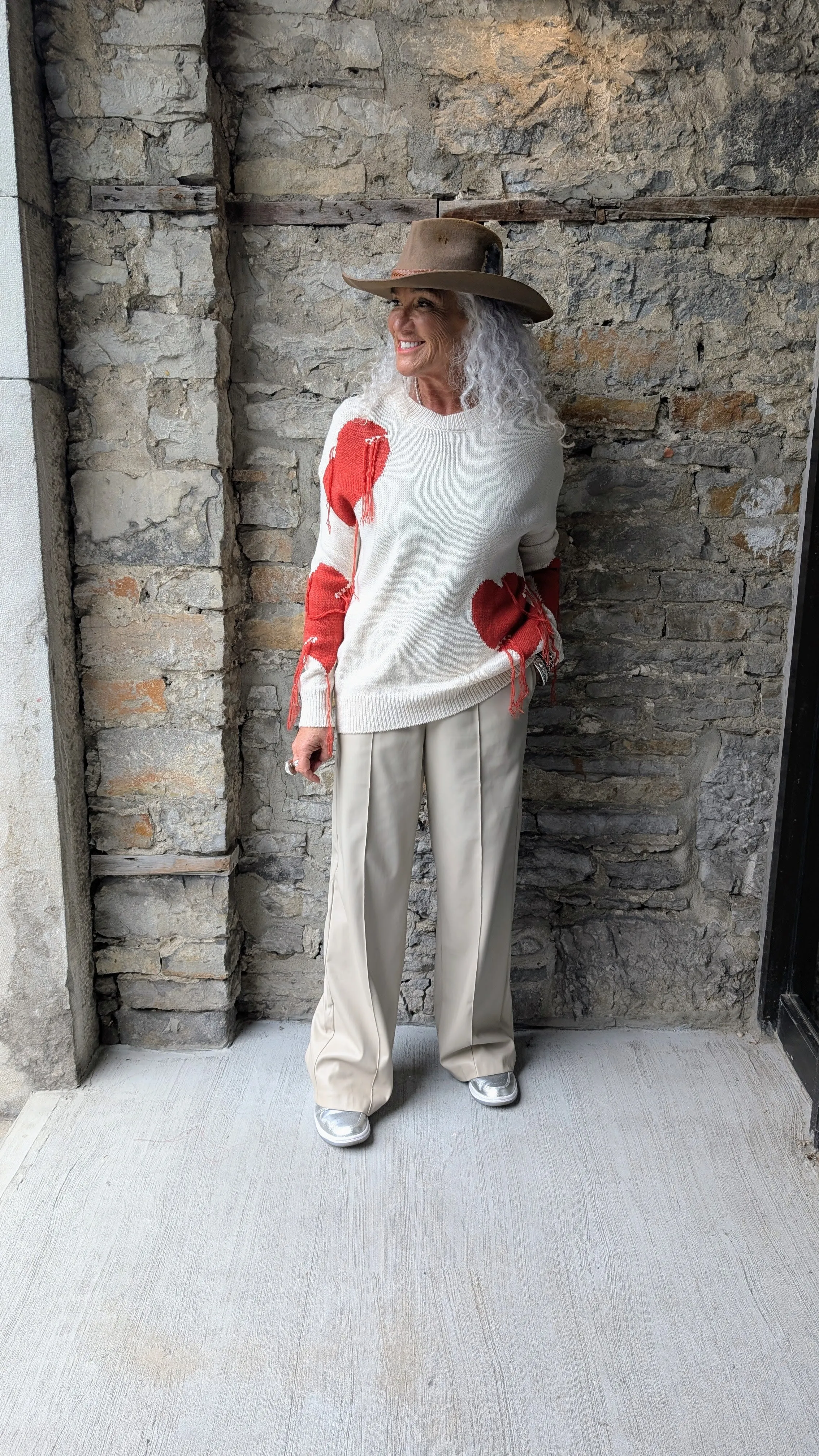 Cream Knit Relaxed Fit Sweater with Hearts