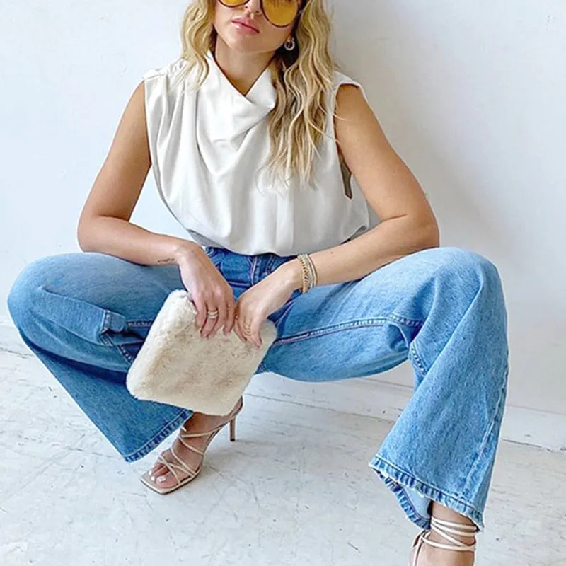 Csaual Women T Shirt Turtleneck Sleevelss Ruched Loose Minimalist T-shirt For Female Fashion Clothing Spring