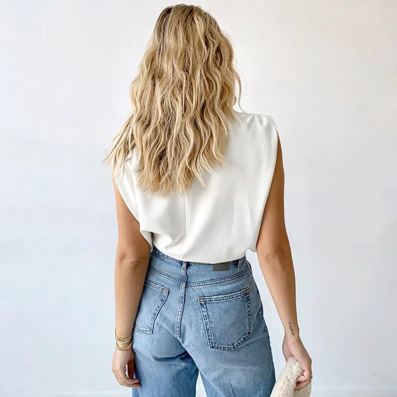Csaual Women T Shirt Turtleneck Sleevelss Ruched Loose Minimalist T-shirt For Female Fashion Clothing Spring