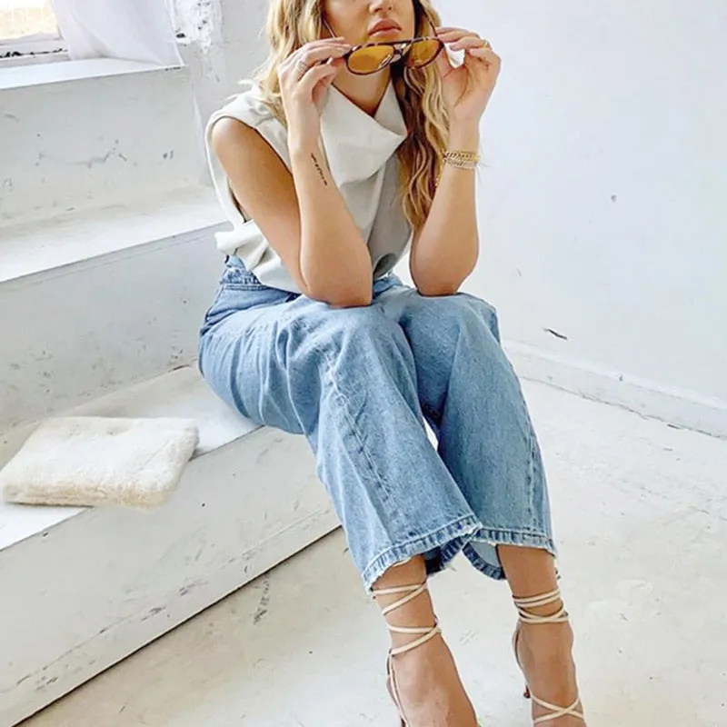 Csaual Women T Shirt Turtleneck Sleevelss Ruched Loose Minimalist T-shirt For Female Fashion Clothing Spring