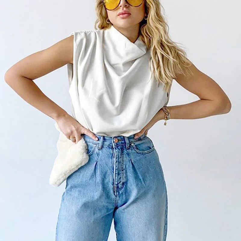 Csaual Women T Shirt Turtleneck Sleevelss Ruched Loose Minimalist T-shirt For Female Fashion Clothing Spring