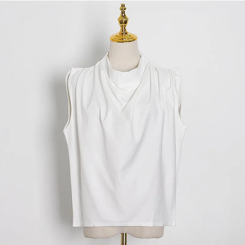 Csaual Women T Shirt Turtleneck Sleevelss Ruched Loose Minimalist T-shirt For Female Fashion Clothing Spring