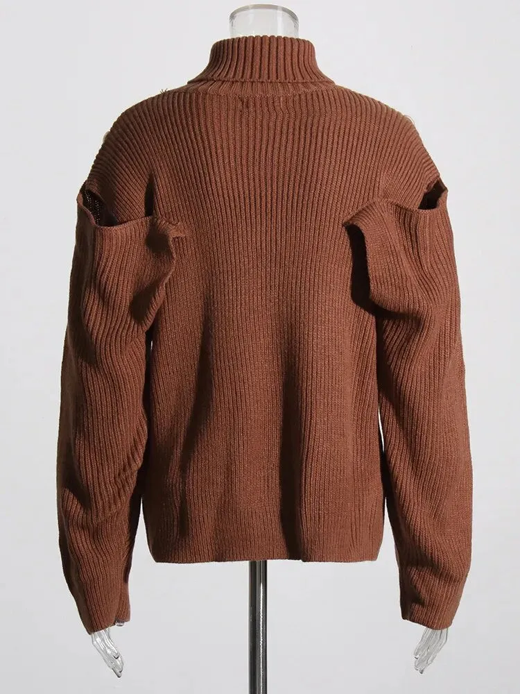 Cut Out Knitting Sweater For Women Turtleneck Lantern Sleeve Solid Minimalist Pullover Female Autumn Clothing Style