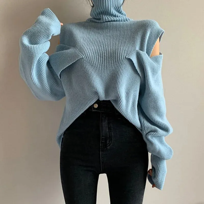 Cut Out Knitting Sweater For Women Turtleneck Lantern Sleeve Solid Minimalist Pullover Female Autumn Clothing Style