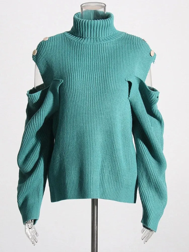 Cut Out Knitting Sweater For Women Turtleneck Lantern Sleeve Solid Minimalist Pullover Female Autumn Clothing Style