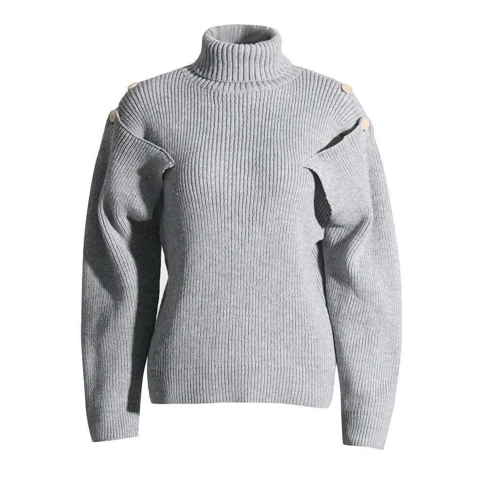 Cut Out Knitting Sweater For Women Turtleneck Lantern Sleeve Solid Minimalist Pullover Female Autumn Clothing Style