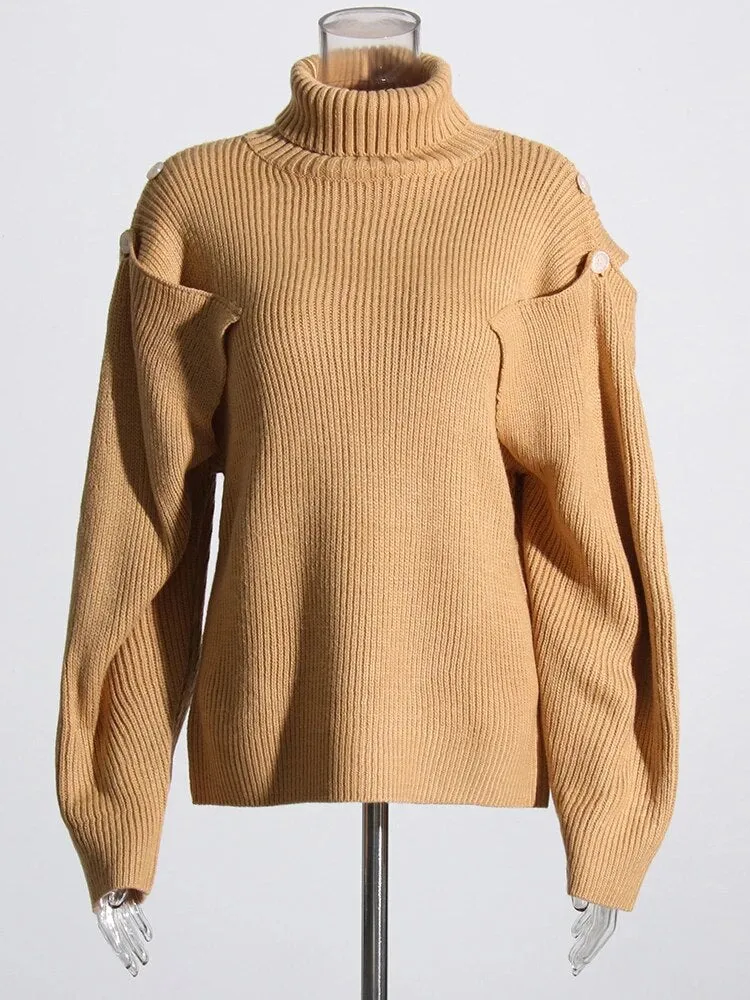 Cut Out Knitting Sweater For Women Turtleneck Lantern Sleeve Solid Minimalist Pullover Female Autumn Clothing Style