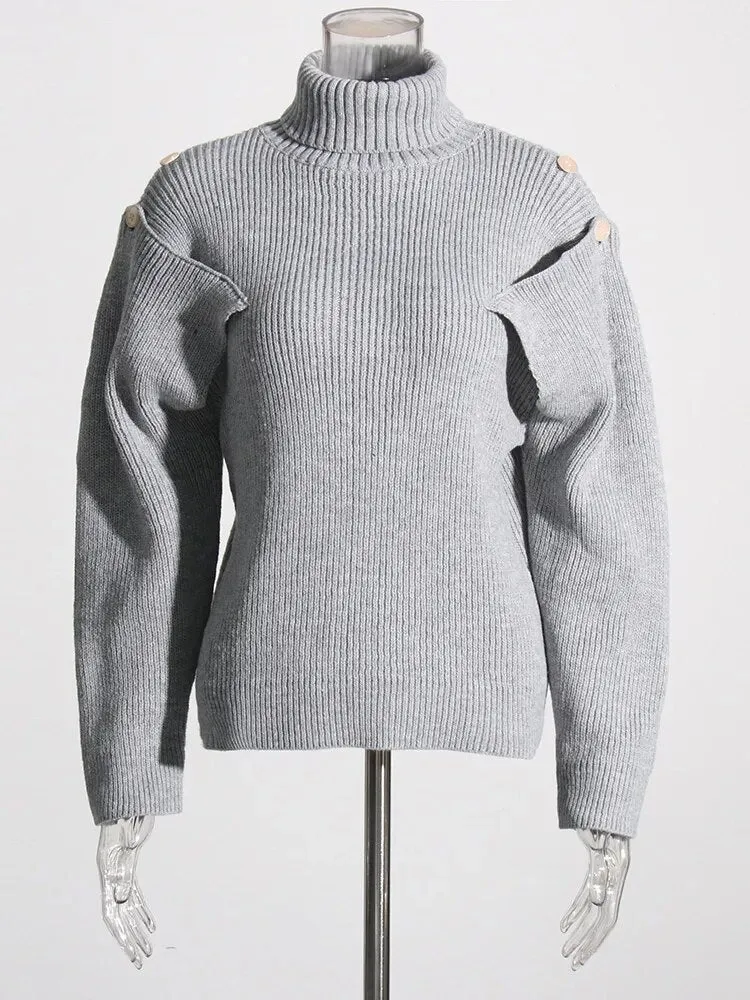 Cut Out Knitting Sweater For Women Turtleneck Lantern Sleeve Solid Minimalist Pullover Female Autumn Clothing Style