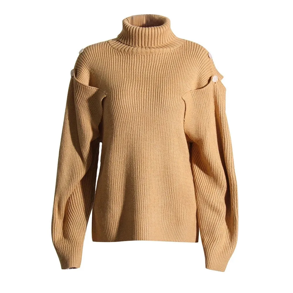 Cut Out Knitting Sweater For Women Turtleneck Lantern Sleeve Solid Minimalist Pullover Female Autumn Clothing Style