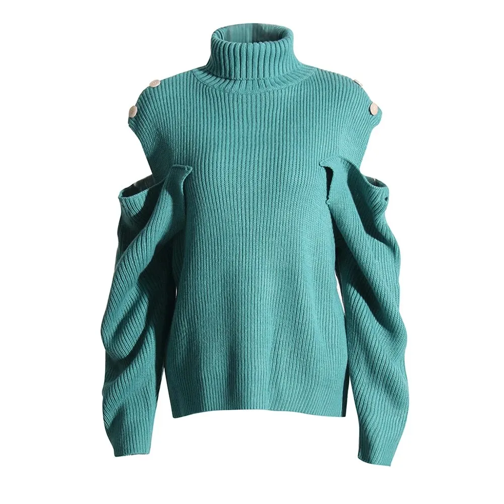 Cut Out Knitting Sweater For Women Turtleneck Lantern Sleeve Solid Minimalist Pullover Female Autumn Clothing Style