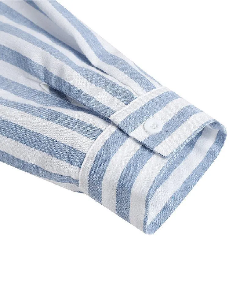 deanwangkt Women 100% Cotton Classical Striped Print Lapel Button Front Lace-Up Casual Shirt Dress