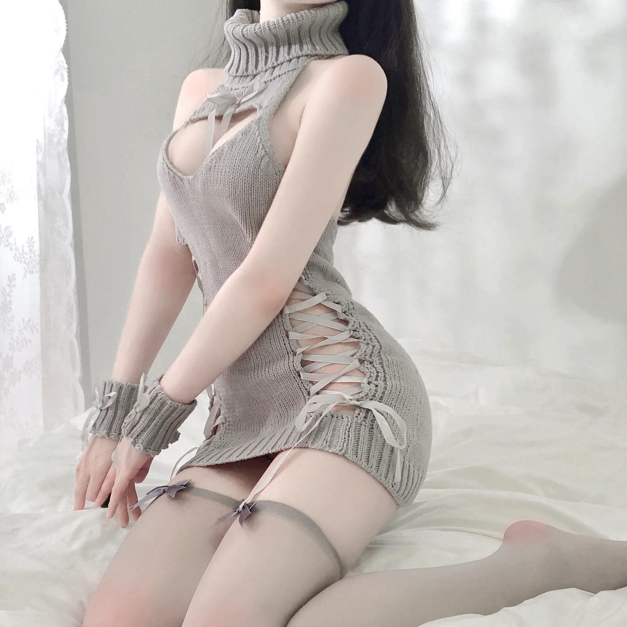Deep V Turtleneck Hollow Tie Sweater PL53574