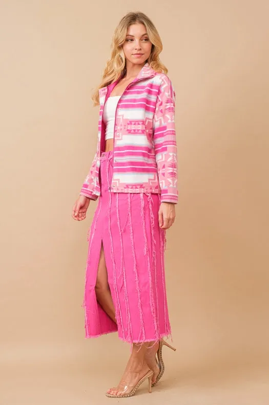 Distressed Seam Slit At Front Maxi Denim Skirt HOT PINK