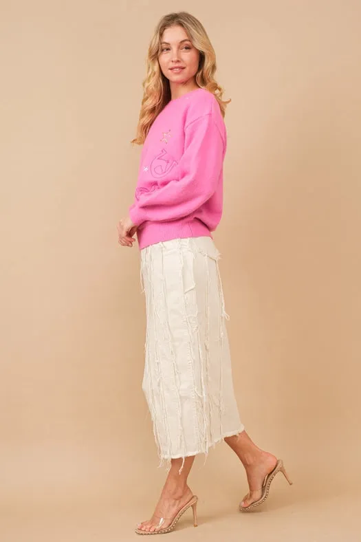 Distressed Seam Slit At Front Maxi Denim Skirt HOT PINK