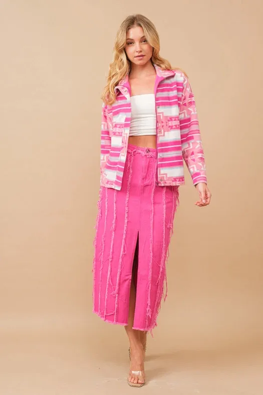 Distressed Seam Slit At Front Maxi Denim Skirt HOT PINK