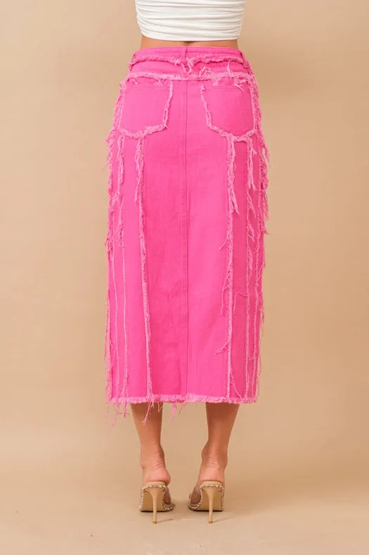 Distressed Seam Slit At Front Maxi Denim Skirt HOT PINK