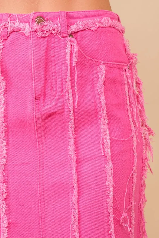 Distressed Seam Slit At Front Maxi Denim Skirt HOT PINK