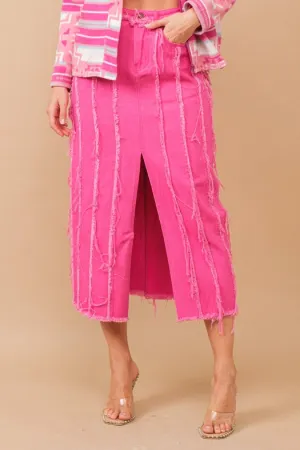 Distressed Seam Slit At Front Maxi Denim Skirt HOT PINK