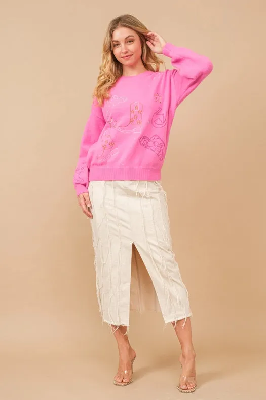 Distressed Seam Slit At Front Maxi Denim Skirt HOT PINK