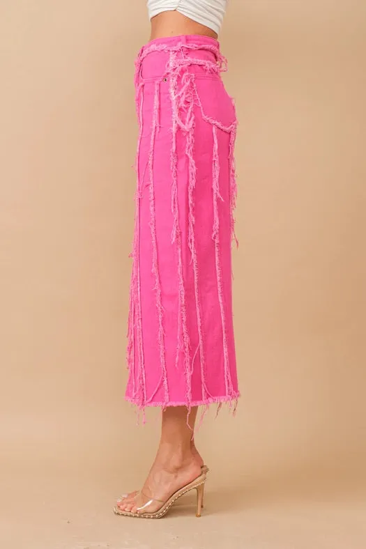 Distressed Seam Slit At Front Maxi Denim Skirt HOT PINK
