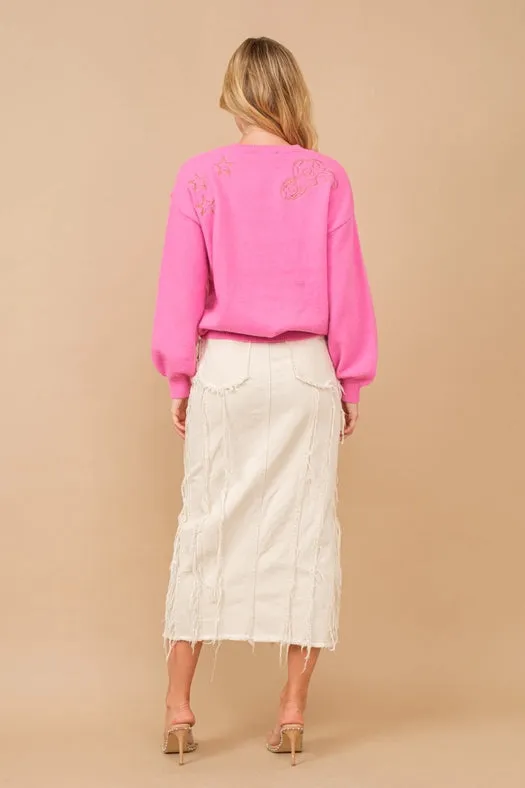 Distressed Seam Slit At Front Maxi Denim Skirt HOT PINK