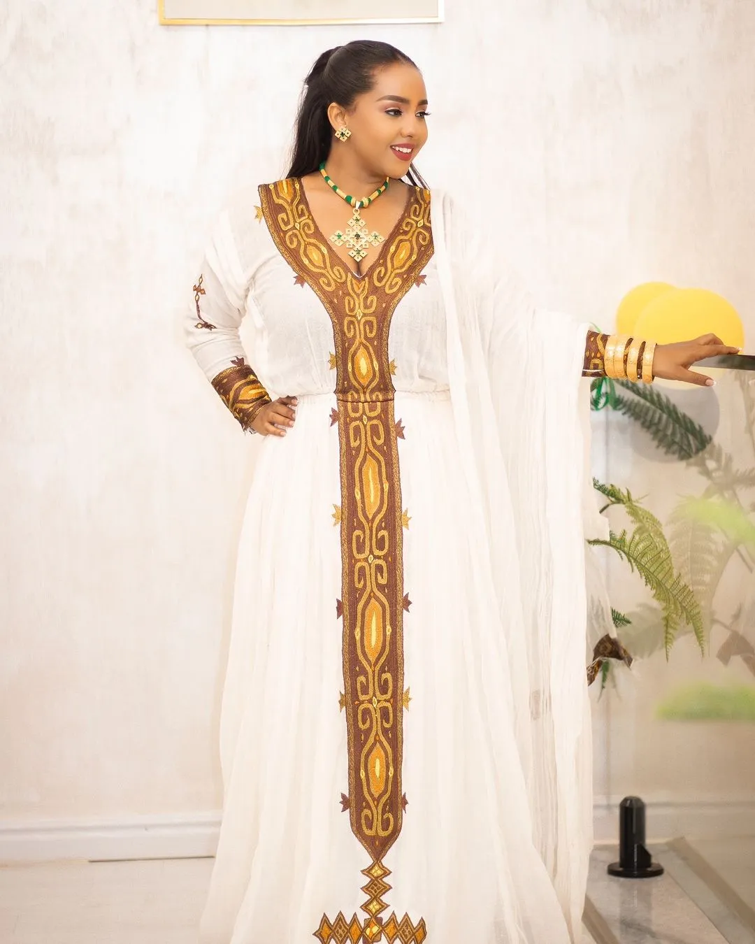 Elegant Brown Traditional Ethiopian Dress: Cross Stitched Handcrafted Habesha Dress Gorgeous Habesha Kemis