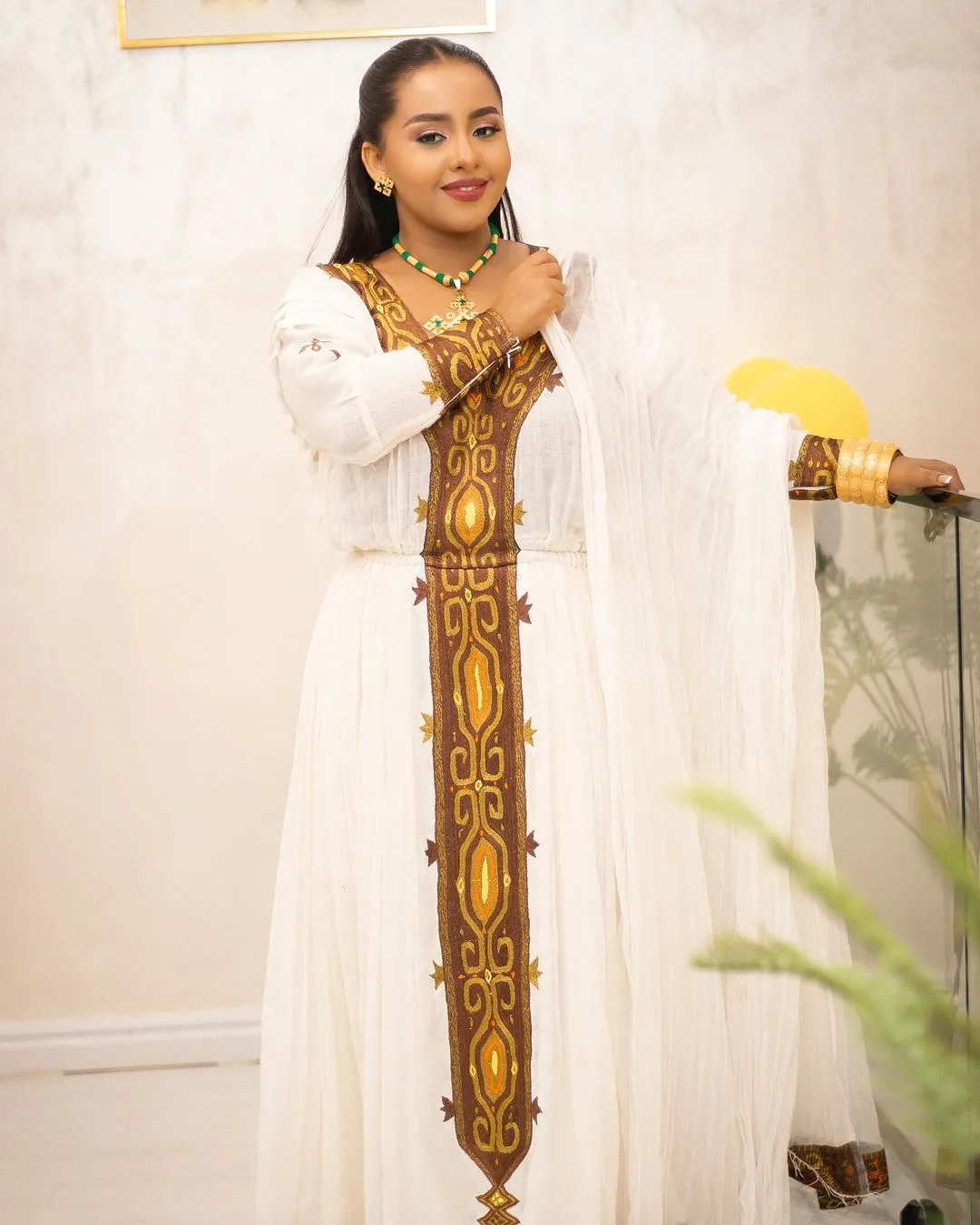 Elegant Brown Traditional Ethiopian Dress: Cross Stitched Handcrafted Habesha Dress Gorgeous Habesha Kemis